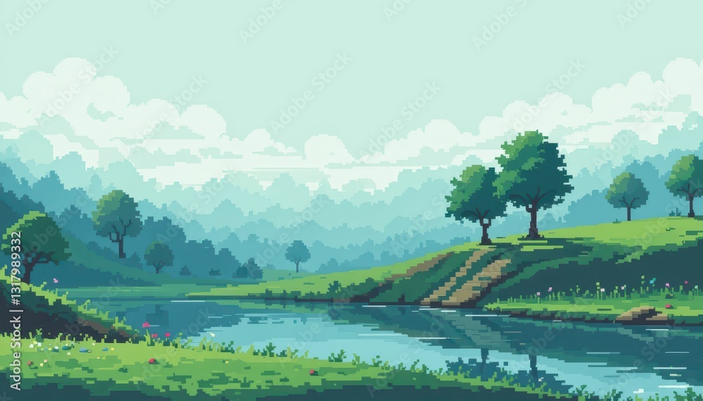Serene Pixel Art Landscape with River and Lush Green Trees Serene Pixel Art Landscape with River and Lush Green Trees
