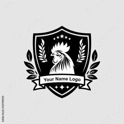 Elegant logo design featuring a rooster in a crest with laurel leaves and stars for branding purposes