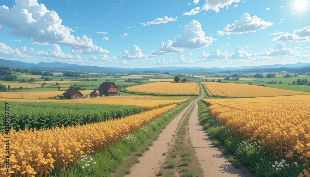 Scenic Country Landscape with Open Fields and Blue Sky Scenic Country Landscape with Open Fields and Blue Sky