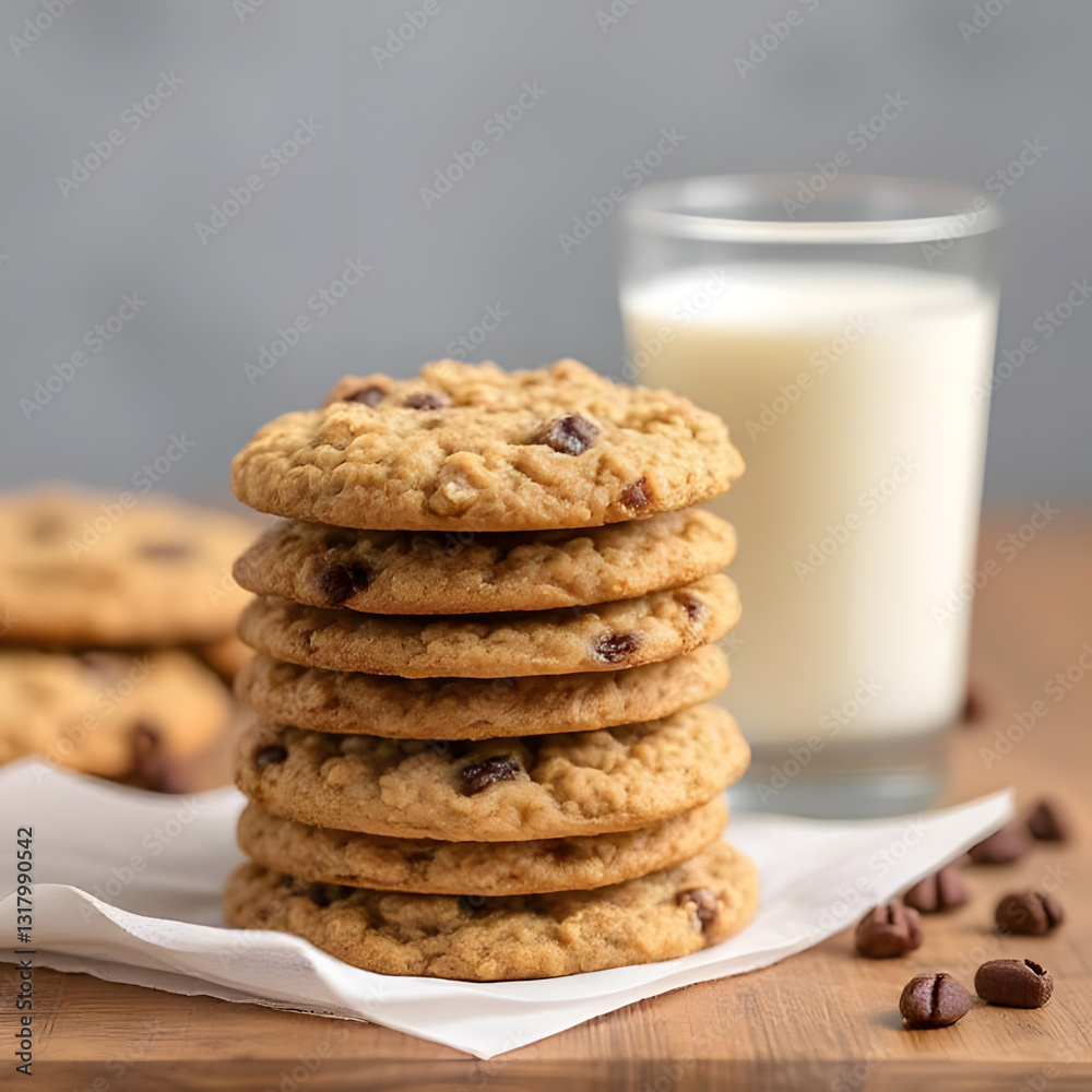 Delicious Stack of Oatmeal Chocolate Chip Cookies with Milk. Baked Treat, Dessert, Snacking Concept. Delicious Stack of Oatmeal Chocolate Chip Cookies with Milk. Baked Treat, Dessert, Snacking Concept.