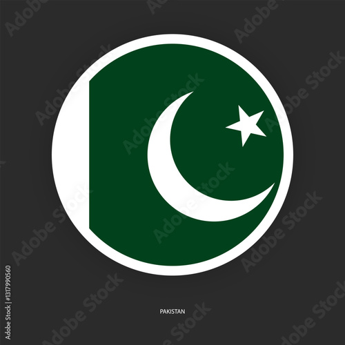 Pakistan circle flag icon with shadow on dark background. Pakistan button icon with white border isolated dark grey background	
