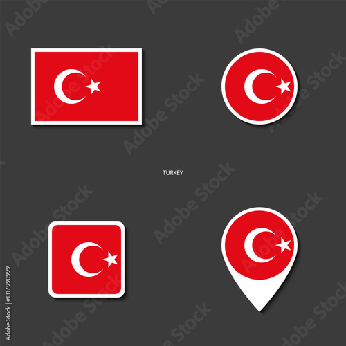 Turkey flag icon set in different shape (rectangle, circle, square and marker icon) on dark grey background. Turkey sticker icon collection on barely dark background