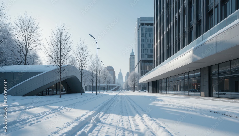 Snowy Cityscape with Modern Buildings and Empty Streets in Winter Snowy Cityscape with Modern Buildings and Empty Streets in Winter