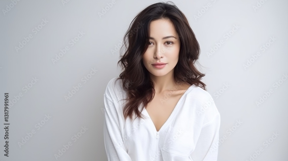 Elegant portrait of an asian woman in a white shirt against soft backdrop Elegant portrait of an asian woman in a white shirt against soft backdrop