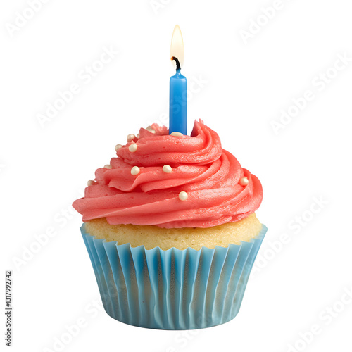 A beautifully decorated vanilla cupcake with smooth red frosting, small pearl sprinkles, and a burning blue candle