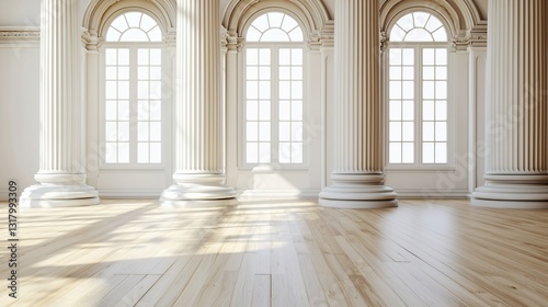 Bright Interior of Grand Room with White Columns and Sunlight
