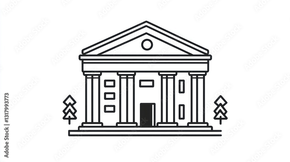 Classic building, columns, trees, white background, government icon