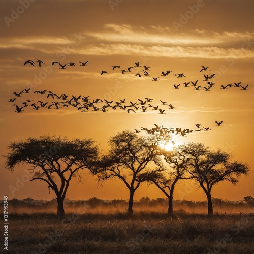 A group of storks migrating under a golden sunset sky.
