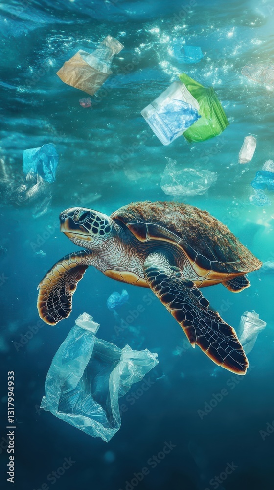 Fototapeta premium Heartbreaking Underwater Scene of Sea Turtle Navigating Through Floating Plastic Waste