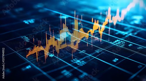 Three Dimensional Orange And Blue Stock Market Chart Display With Glowing Grid Lines On A Dark Background With Financial Data