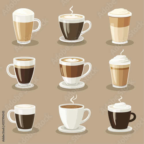 Assortment of artistic coffee drinks, latte, cappuccino, coffee shop beverages