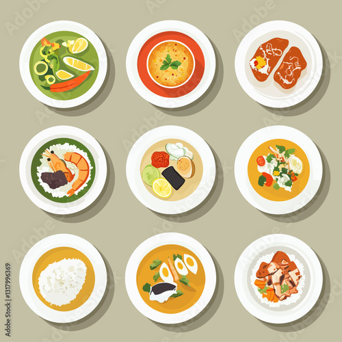 Assortment of Thai Food Dishes on White Plates, Top View, Cuisine