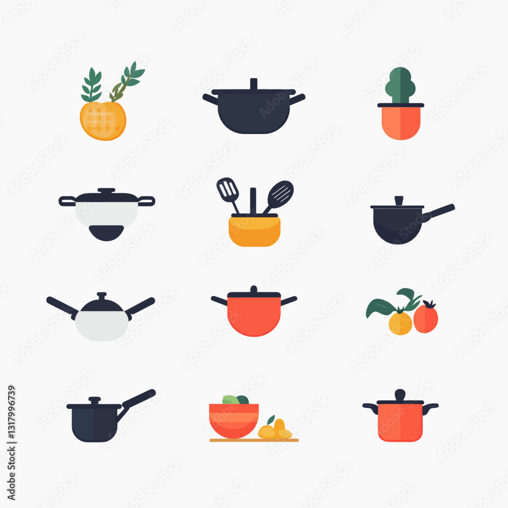 Flat Design Kitchenware Icons Set: Pots, Pans, Utensils, Food, Home Cooking Flat Design Kitchenware Icons Set: Pots, Pans, Utensils, Food, Home Cooking