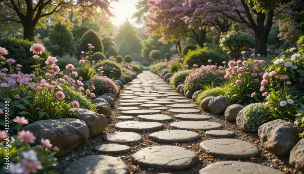 Serene Garden Pathway Surrounded by Colorful Blooming Flowers Serene Garden Pathway Surrounded by Colorful Blooming Flowers