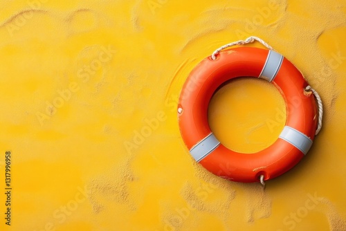 A vibrant orange life preserver rests on yellow beach sand