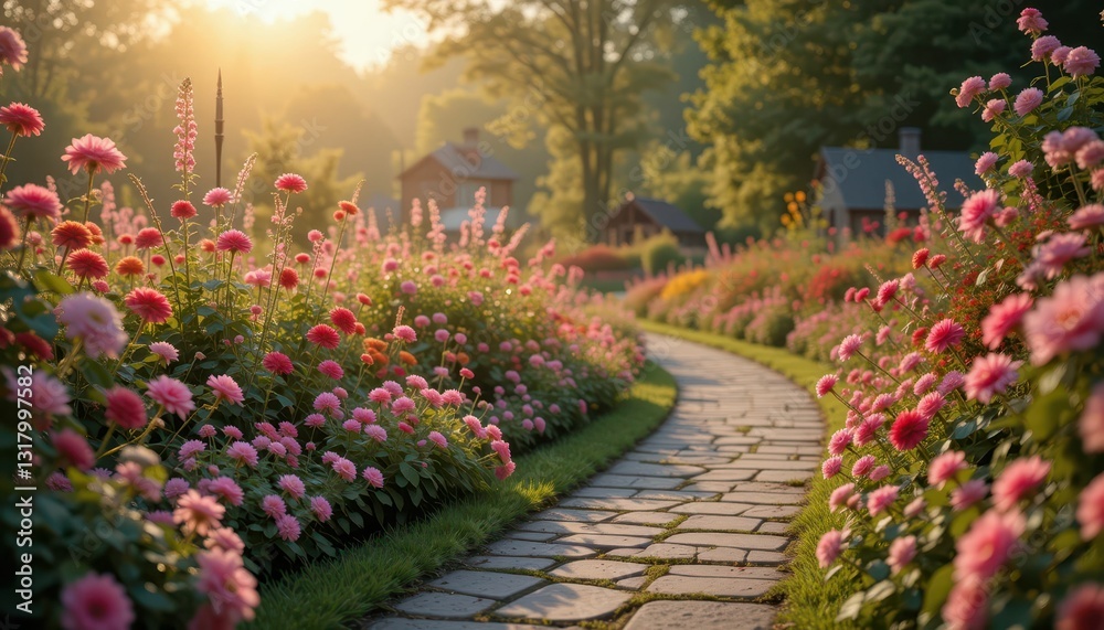 Obraz premium Serene Garden Pathway Surrounded by Blooming Pink Flowers at Dawn