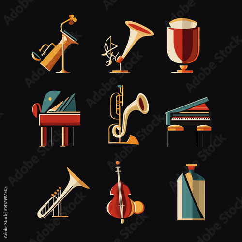 Musical instruments abstract illustration design, jazz concept, flat vector art