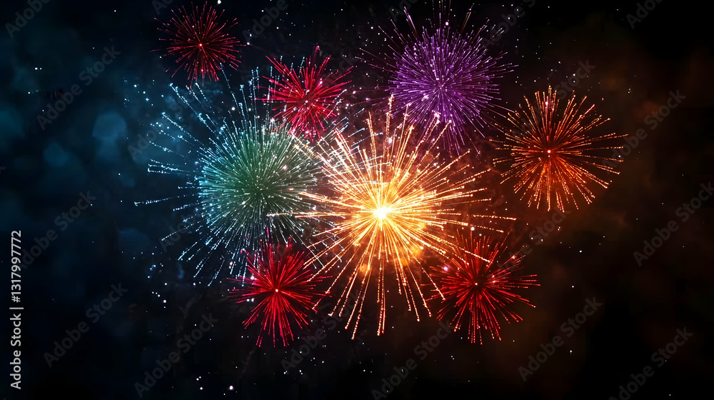 Vibrant Fireworks Bursting Against Dark Night Sky Festive Celebration With Colorful Explosions Vibrant Fireworks Bursting Against Dark Night Sky Festive Celebration With Colorful Explosions