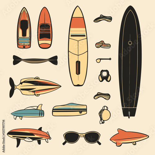 Vintage Surfboard Design Elements, Watercraft, Beach Lifestyle, Retro Sunglasses
