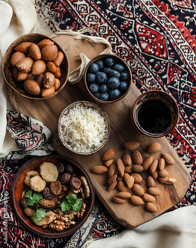 Traditional Ramadan decor and textile, a simple Ramadan wallpaper in muted tones, complemented by Suhoor meal ingredients on a wooden board.  photo