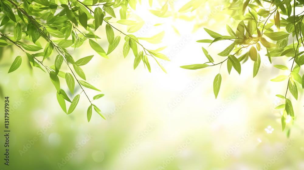Delicate Willow Branch with Fresh Green Leaves, Soft Sunlight, and Blurred Spring Blossoms, Evoking Serenity and Renewal Delicate Willow Branch with Fresh Green Leaves, Soft Sunlight, and Blurred Spring Blossoms, Evoking Serenity and Renewal