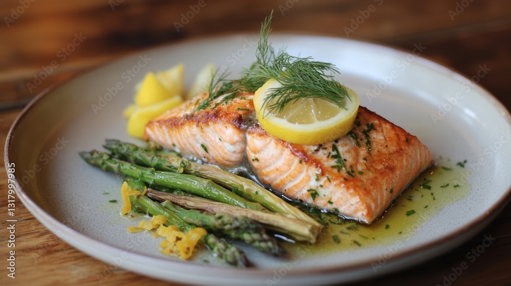Grilled Salmon with Asparagus on a Plate Grilled Salmon with Asparagus on a Plate