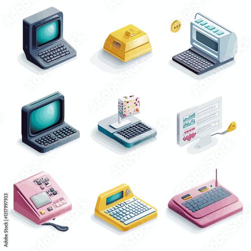 Retro Computing Devices, Vintage Technology, Isometric Illustration, 1980s Nostalgia