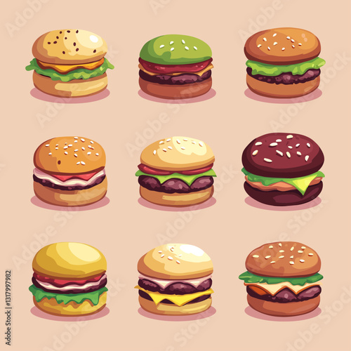 Delicious colorful burgers illustration, cartoon food, fast food, sesame buns