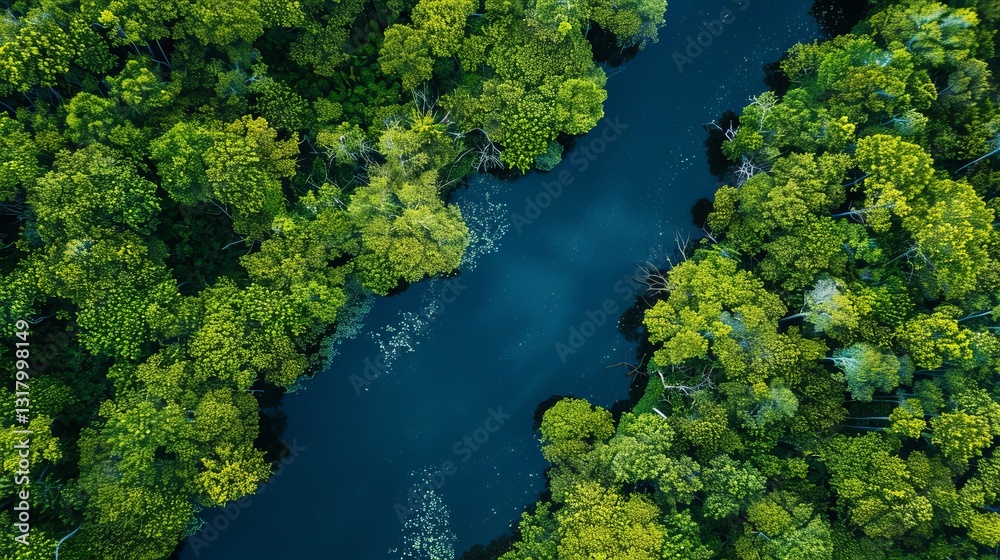 Naklejka premium Aerial view of a winding river gracefully meandering through a lush, vibrant valley landscape.