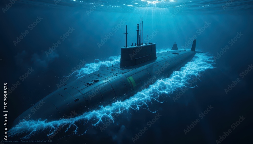 Submarine Gliding Through Deep Blue Ocean Water with Light Rays Submarine Gliding Through Deep Blue Ocean Water with Light Rays
