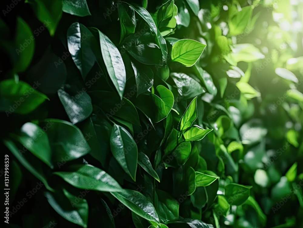 Fototapeta premium Lush greenery detail with vibrant leaves and bright light accentuates