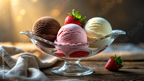 Bowl of strawberry, Vanilla, chocolate Ice cream