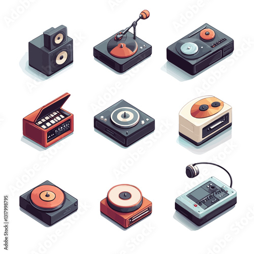 Vintage audio equipment collection, record players, speakers, music studio illustration