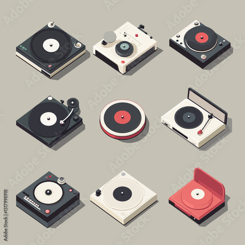 Isometric Turntables: Retro Audio Equipment and Vinyl Records Set