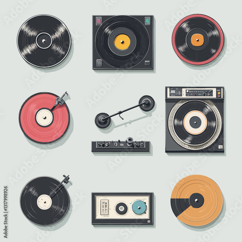 Vinyl Records and Turntables, Retro Audio Equipment Illustration