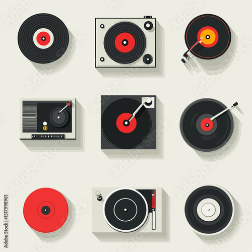Vinyl Records and Turntables, Retro Music Player, Flat Design Vector