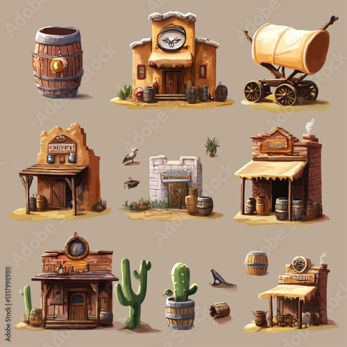 Watercolor Wild West Town Illustrations, Buildings, Barrel, Wagon, Desert Concept