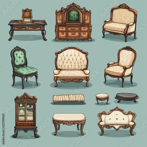 Antique furniture set illustration, ornate chairs, wooden cabinets, vintage interior design