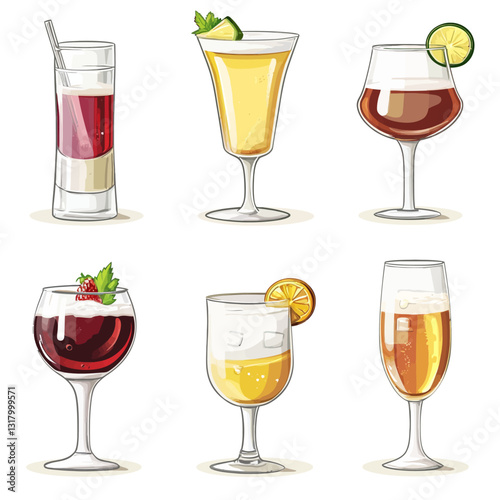 Assortment of Cocktails and Drinks, Isolated Illustration, Refreshments Concept