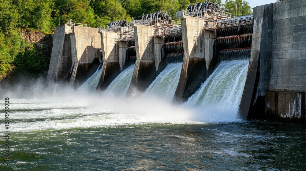 Water flows powerfully from a hydroelectric dam surrounded by lush greenery and blue skies Water flows powerfully from a hydroelectric dam surrounded by lush greenery and blue skies