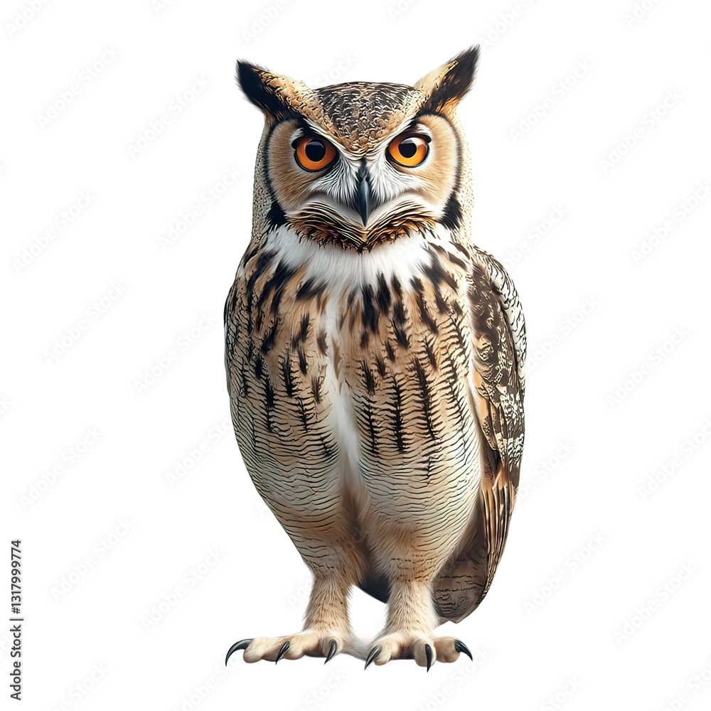 Fototapeta premium Large brown owl with yellow eyes stands on transparent background