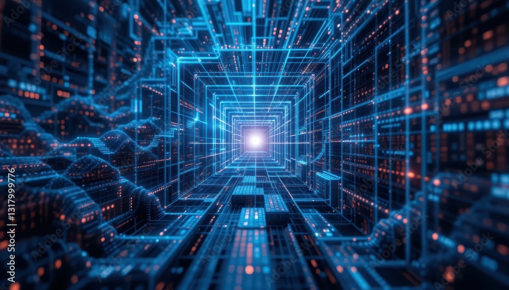 Futuristic Data Tunnel with Blue and Orange Light Effects Futuristic Data Tunnel with Blue and Orange Light Effects