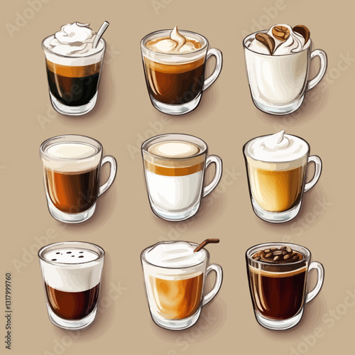 Variety of Coffee Drinks in Glass Mugs, Cafe Beverages Concept