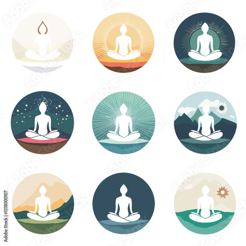 Meditating Figures in Various Settings, Mindfulness and Spirituality Designs.