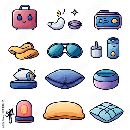 Cartoon Icons of Sleep Essentials: Pillow, Alarm Clock, Sunglasses, Pillow