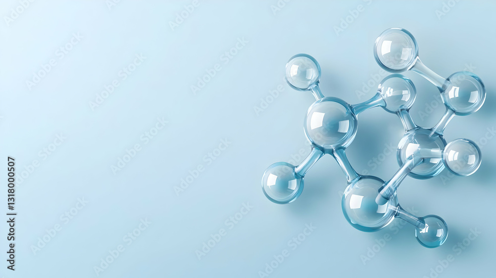 Abstract Blue Molecule Structure On Light Blue Background With Transparent Spheres And Digital Visualization Abstract Blue Molecule Structure On Light Blue Background With Transparent Spheres And Digital Visualization