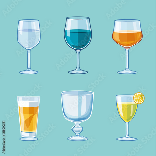Vector illustration of a variety of drinks in glasses on a blue background.