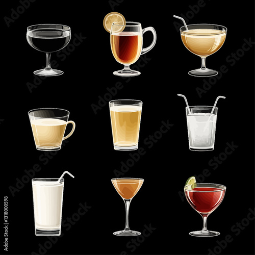 Assortment of Cocktails and Drinks On Black, Beverage Selection Vector.