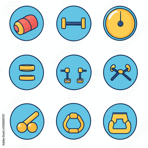 Fitness Equipment Icons on Blue Circles, Workout Accessories, Sports Vector