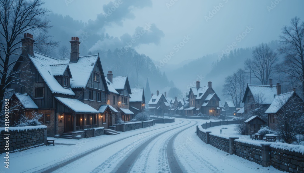 Fototapeta premium Scenic Winter Village Under Snowy Sky at Dusk Near Mountains